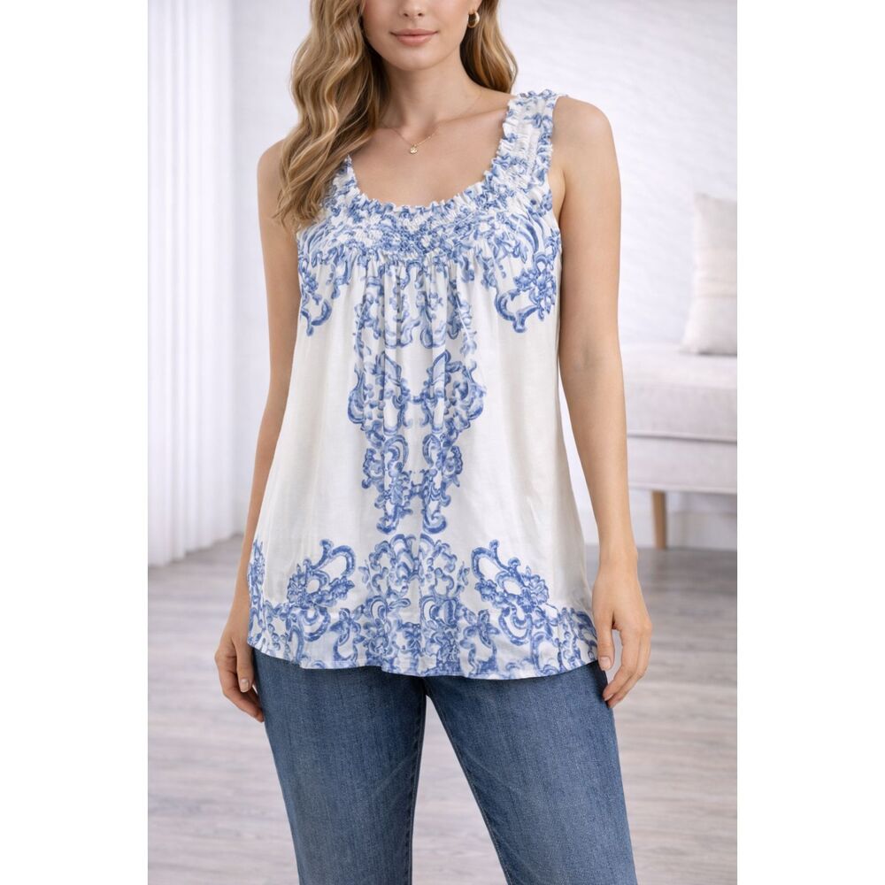 Espresso Flower Collar Tank Top Blue White S